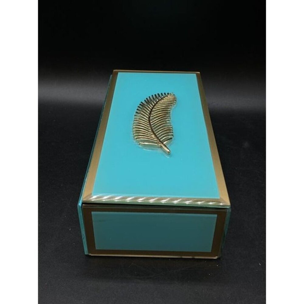 Jewelry Case Teal With Gold Feather Storage Box Black Velvet Lined Box - Picture 3 of 9